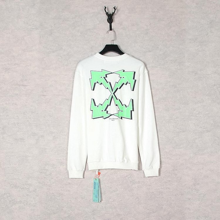 Off White Autumn And Winter Green Lightning Arrow Pattern Crew Neck Pullover Sweatshirt