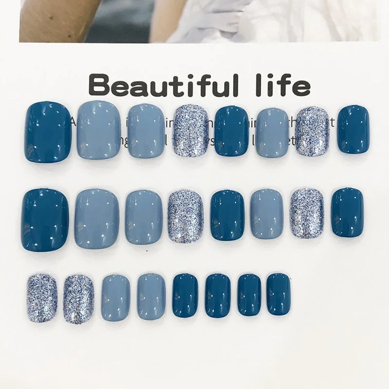 Girls Summer Simple Blue Color False Nails Women American Style Fashion Fake Nails DIY Short Size Full Cover Nail Tips with Glue-Nail Inspo