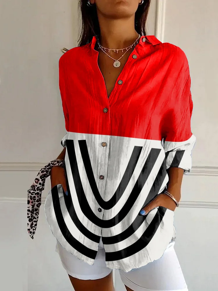Vintage Abstract Art Stripe Print Casual Long Sleeve Shirt