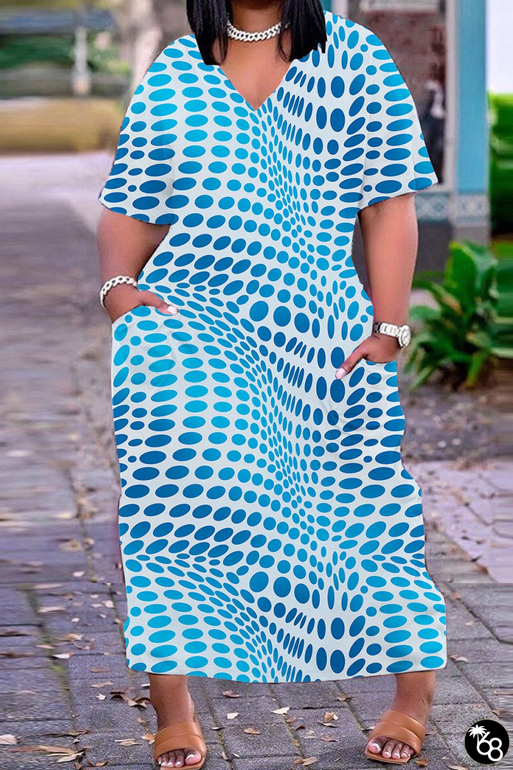 Blue Casual Print Basic V Neck Short Sleeve Dress Dresses | 168DEAL