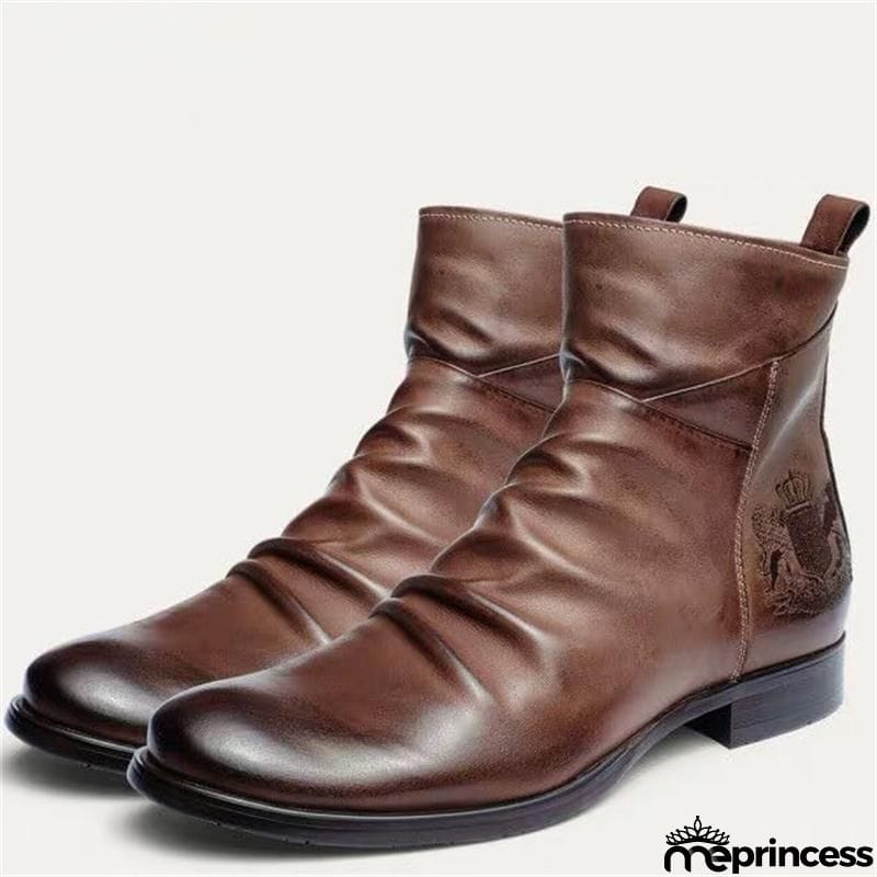 Fashion Side Zipper Plus Size Embroidery PU Boots For Men