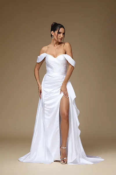 Daisda Simple White Off the Shoulder Pleated Split Prom Dress with Ruffles