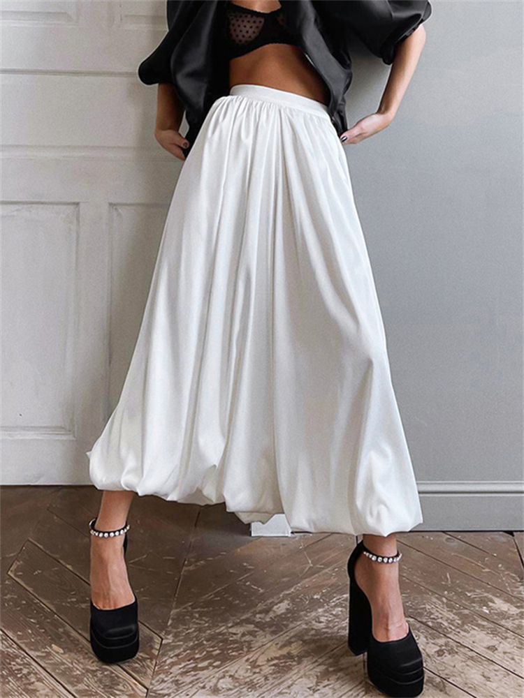TARUXY Silk Satin White Maxi Skirt Long Ruffled Pleated Skirts Elegant Lantern Pants A-Line Silk Long Skirts For Women 2023 New