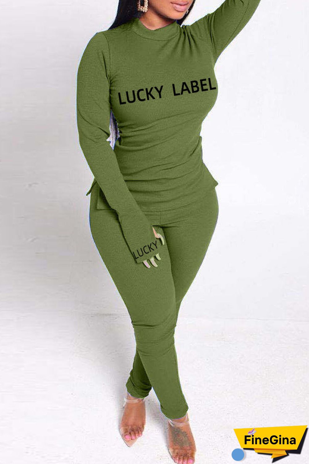 Fashion Casual Letter Print Basic Turtleneck Long Sleeve Two Pieces