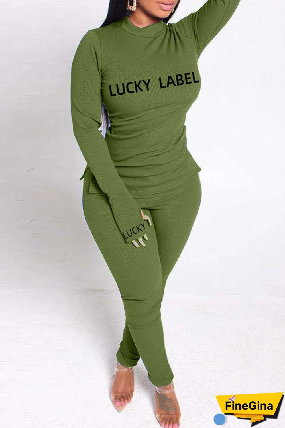 Fashion Casual Letter Print Basic Turtleneck Long Sleeve Two Pieces