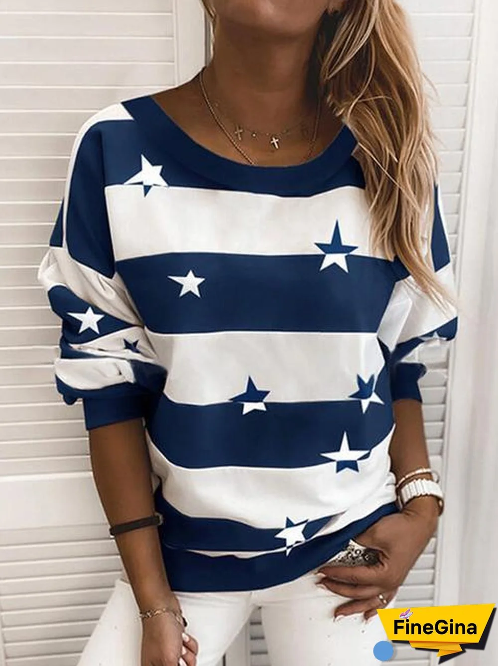 Stripe Star Print Round Neck Sweater