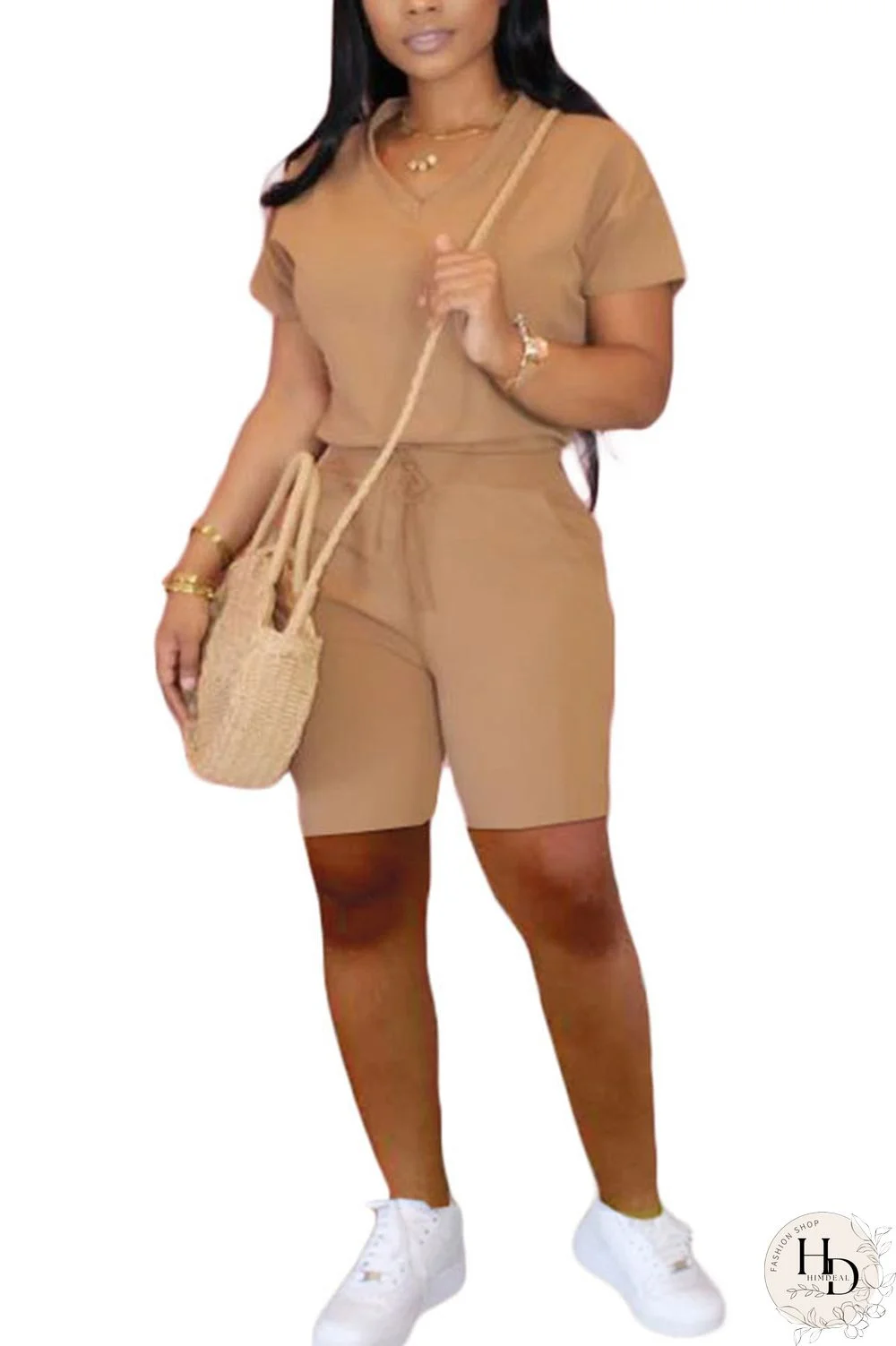 Apricot venetian Casual Two Piece Suits Solid pencil Short Sleeve Two-Piece Short Set