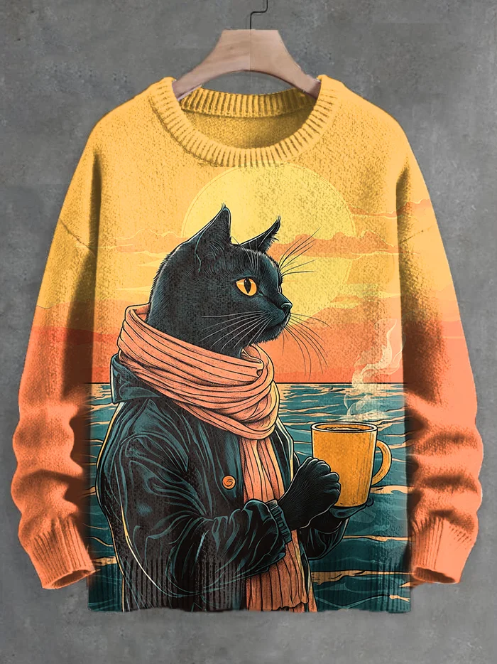 Men's Black Cat Holding A Coffee By The Sea In Autumn Print Knit Sweatshirt