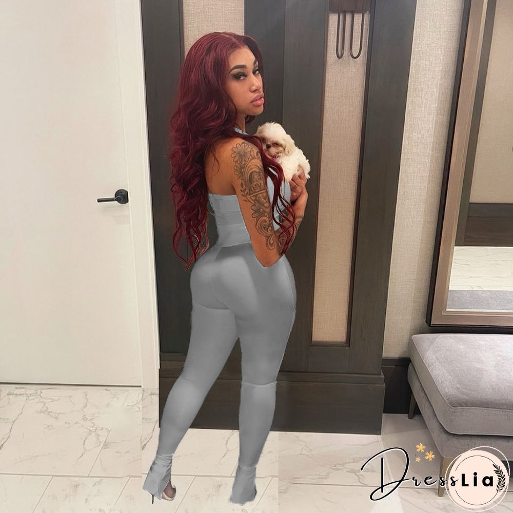 Women Solid Color Sportswear Sleeveless Halter Bodycon Jumpsuits