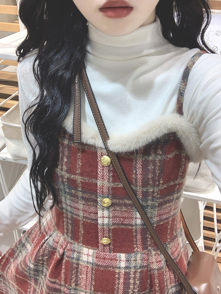 Mozpar Retro Plaid Woolen Dress Two-Piece Set Autumn Winter Waist-Cinching Forest System Gentle First Love Strap Long Dress