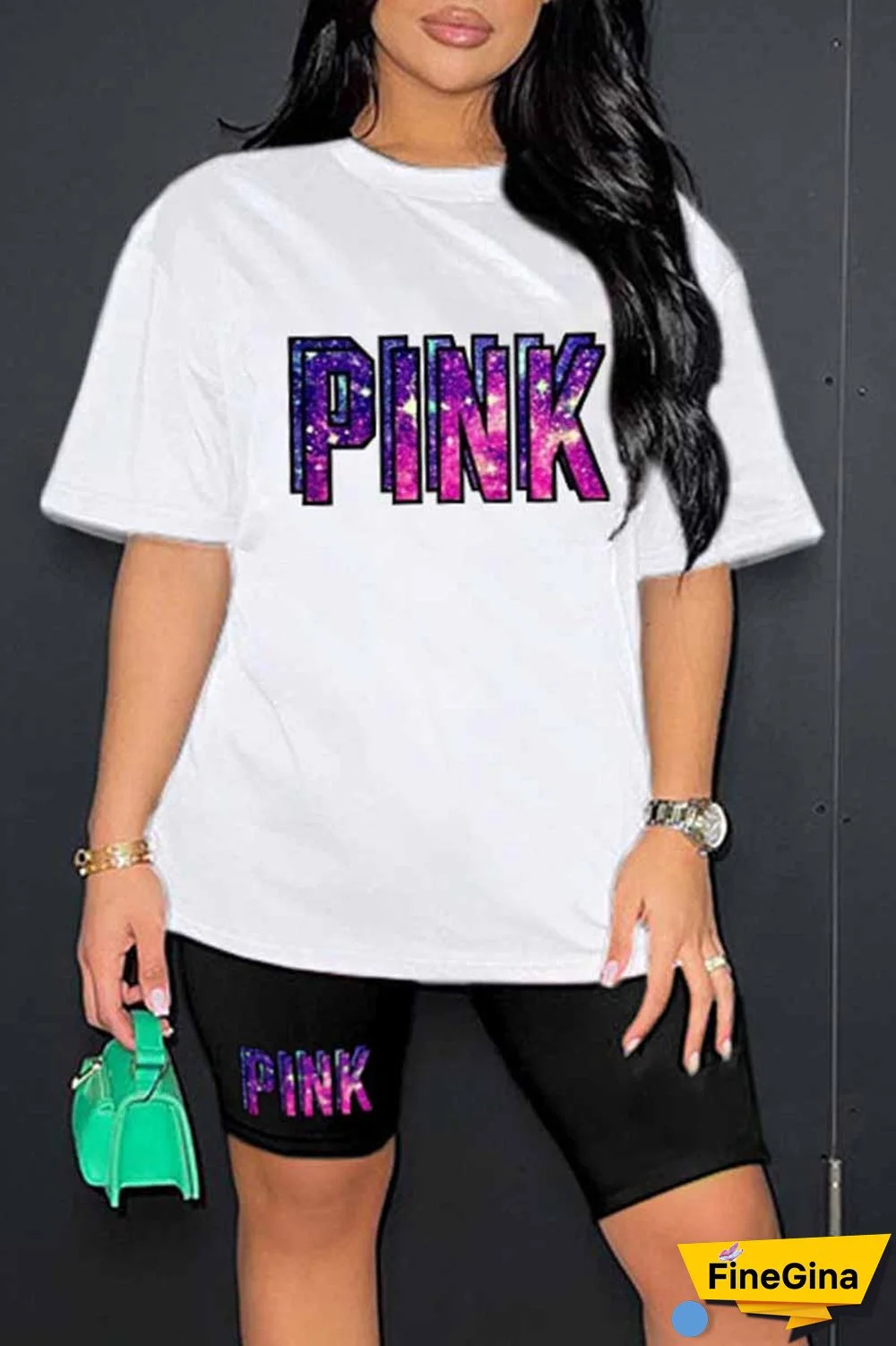 Blue Casual Print Letter O Neck Short Sleeve Two Pieces