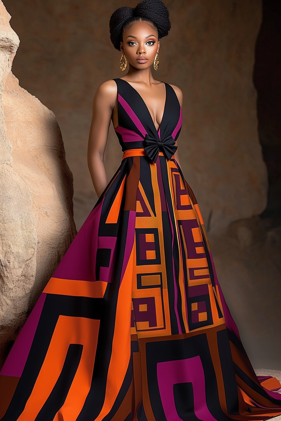 Women's Fashion African Kuba Geometric Pattern Maxi Dress