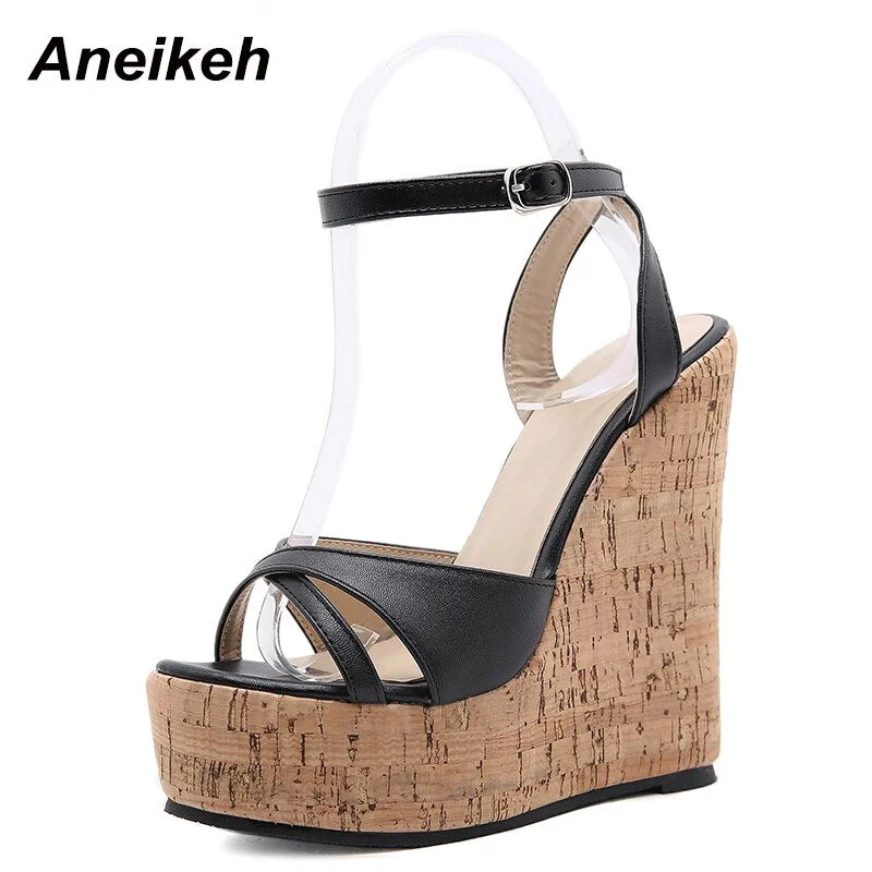 Aneikeh NEW Sexy Shoes For Women 2021 Fashion Platform Sewing Wedges High Heels Patchwork Retro Sandals Summer Femmes Chaussures
