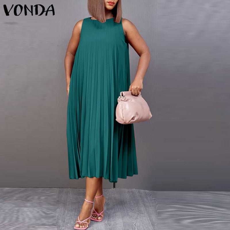 Women Sleeveless Dress 2022 VONDA Holiday Sundress Vintage Round Neck Tunic Dress Beach Casual Solid Color Vestido Robe Femme