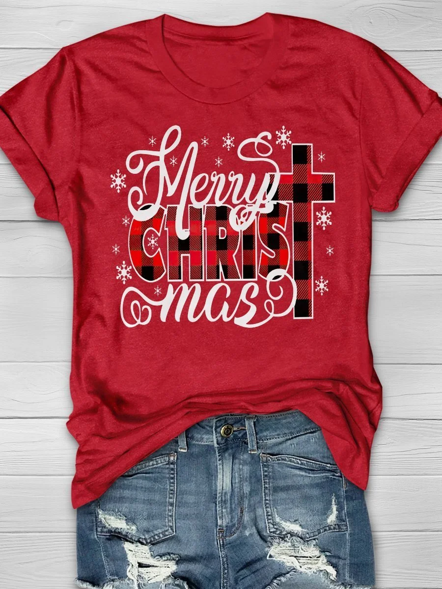Eagerlys Cross Merry Christ Mas Christmas Print Short Sleeve T-shrit Eagerlys