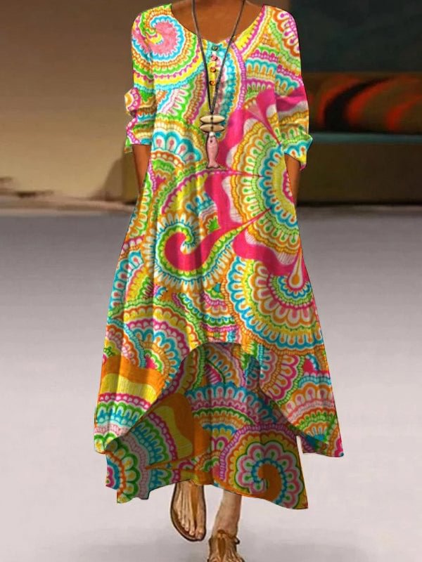 Round Neck Long Sleeve Abstract Print Dress