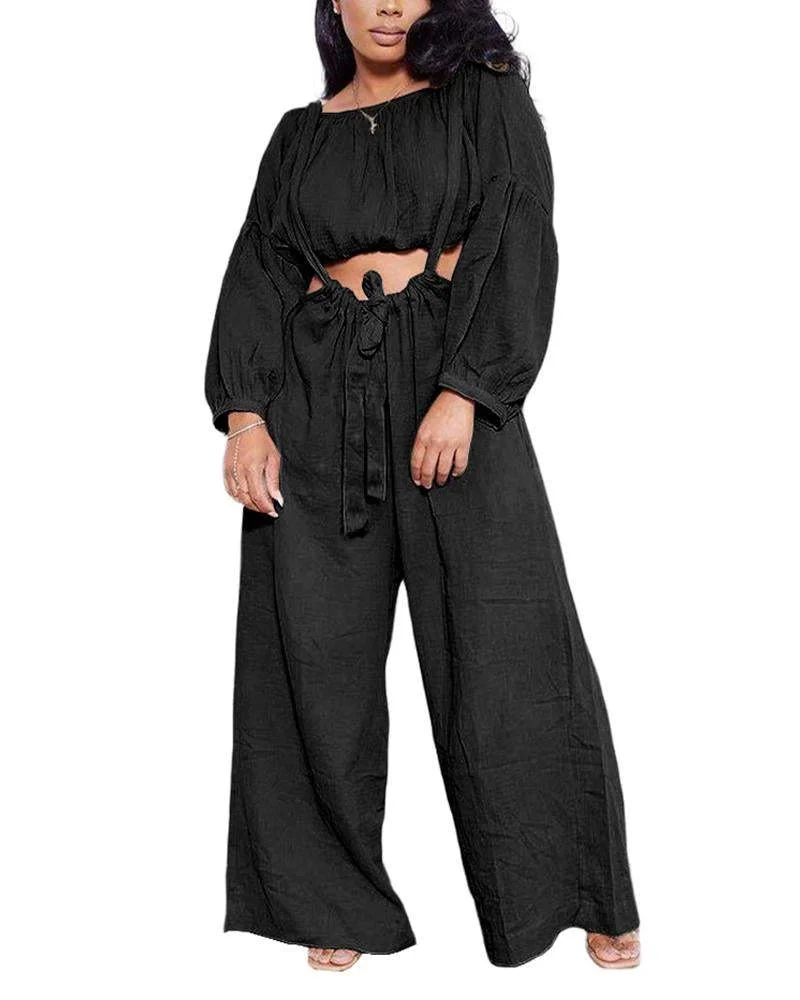 Pleated Suspender Strap Wide Leg Pants Two Piece Set