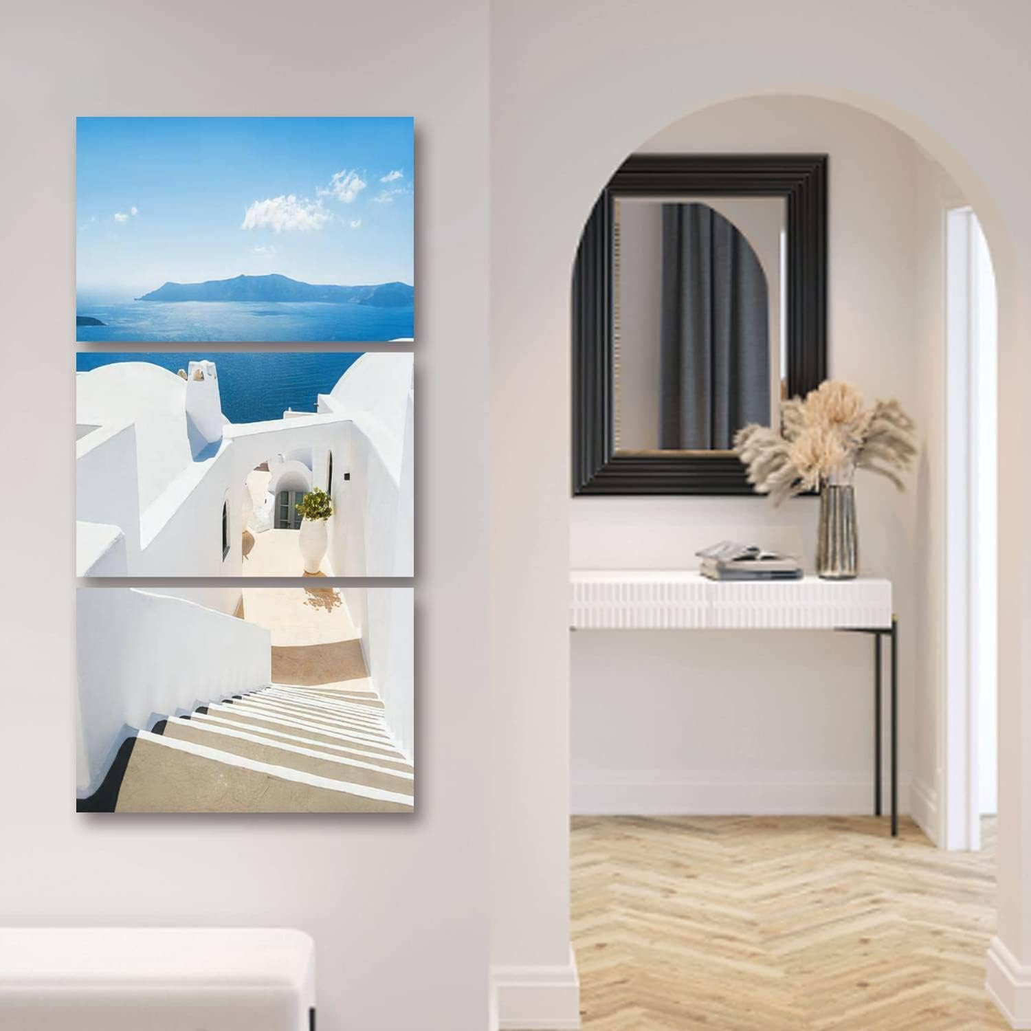 White architecture Santorini island Greece Canvas Wall Art Vertical Decor for Living Room Bedroom Bathroom Long Framed Pictures Poster Paintings Prints 3 Piece Set 12&#034;x20&#034;x3