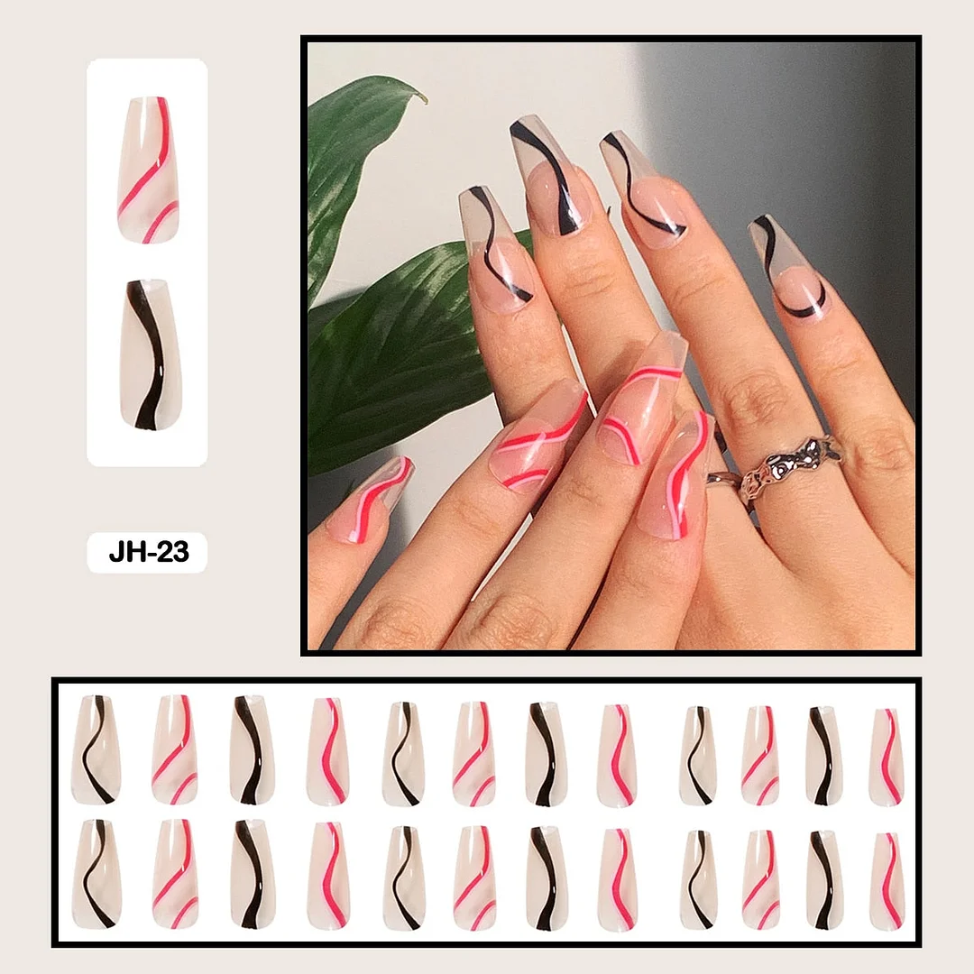 24pcs/box Long Trapezoid Fake Nails Geometric Simplicity Personality Graffiti Animal Pattern Nail Art Nails Press on With Glue-Nail Inspo