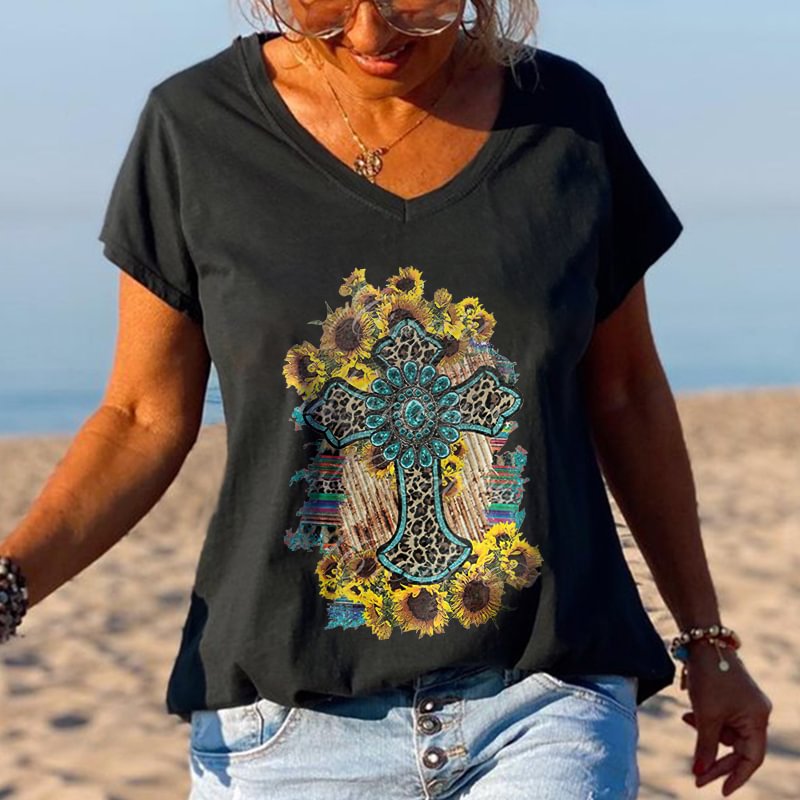 Leopard Floral Cross Printed Women's T-shirt