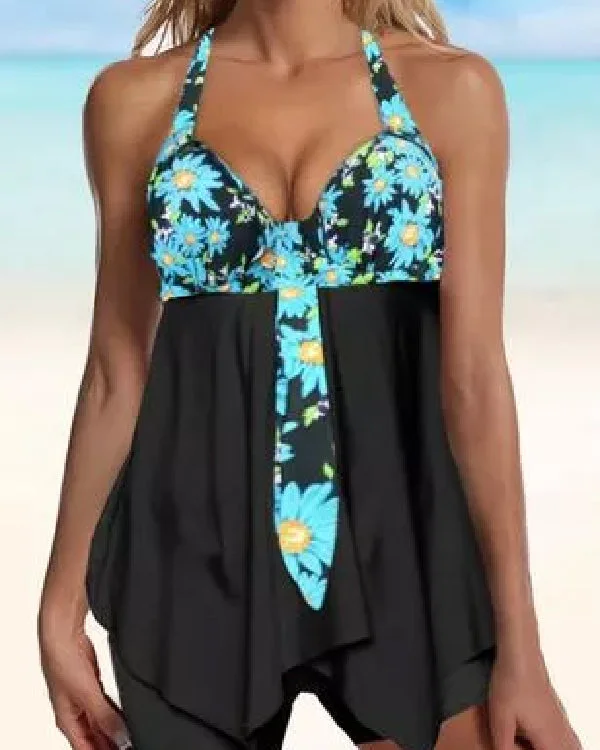 Split Print Casual Tank Top Swimsuit