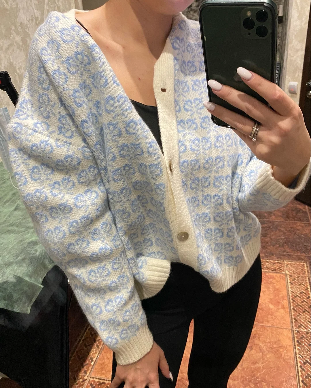 Christmas Gift Za 2021 Blue Jacquard Knit Cardigan Women Long Sleeve Front Buttoned Winter Knitted Sweaters Coat Vintage Fitted Femal Cardigans