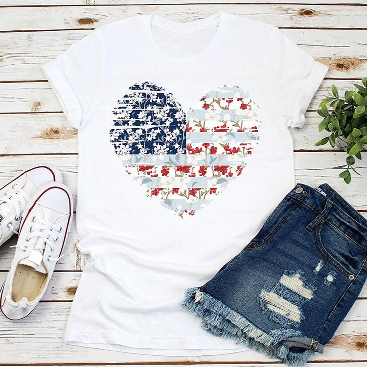 Independence Day Flower Heart T-shirt-Annaletters