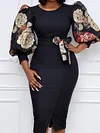 Round-Neck Puff Sleeve Floral Printed Split-Joint Belted Wrap Midi Dress