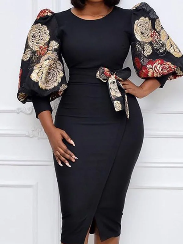 Round-Neck Puff Sleeve Floral Printed Split-Joint Belted Wrap Midi Dress