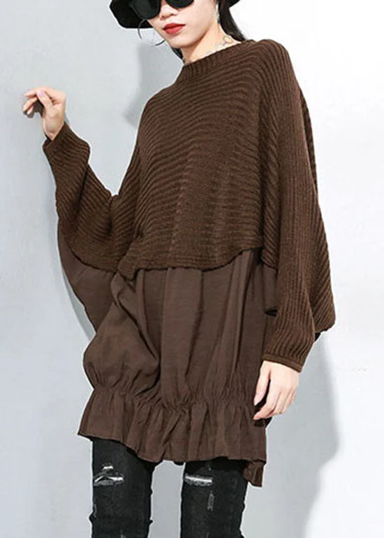 Fashion coffee O-Neck Batwing Sleeve Patchwork Knit top