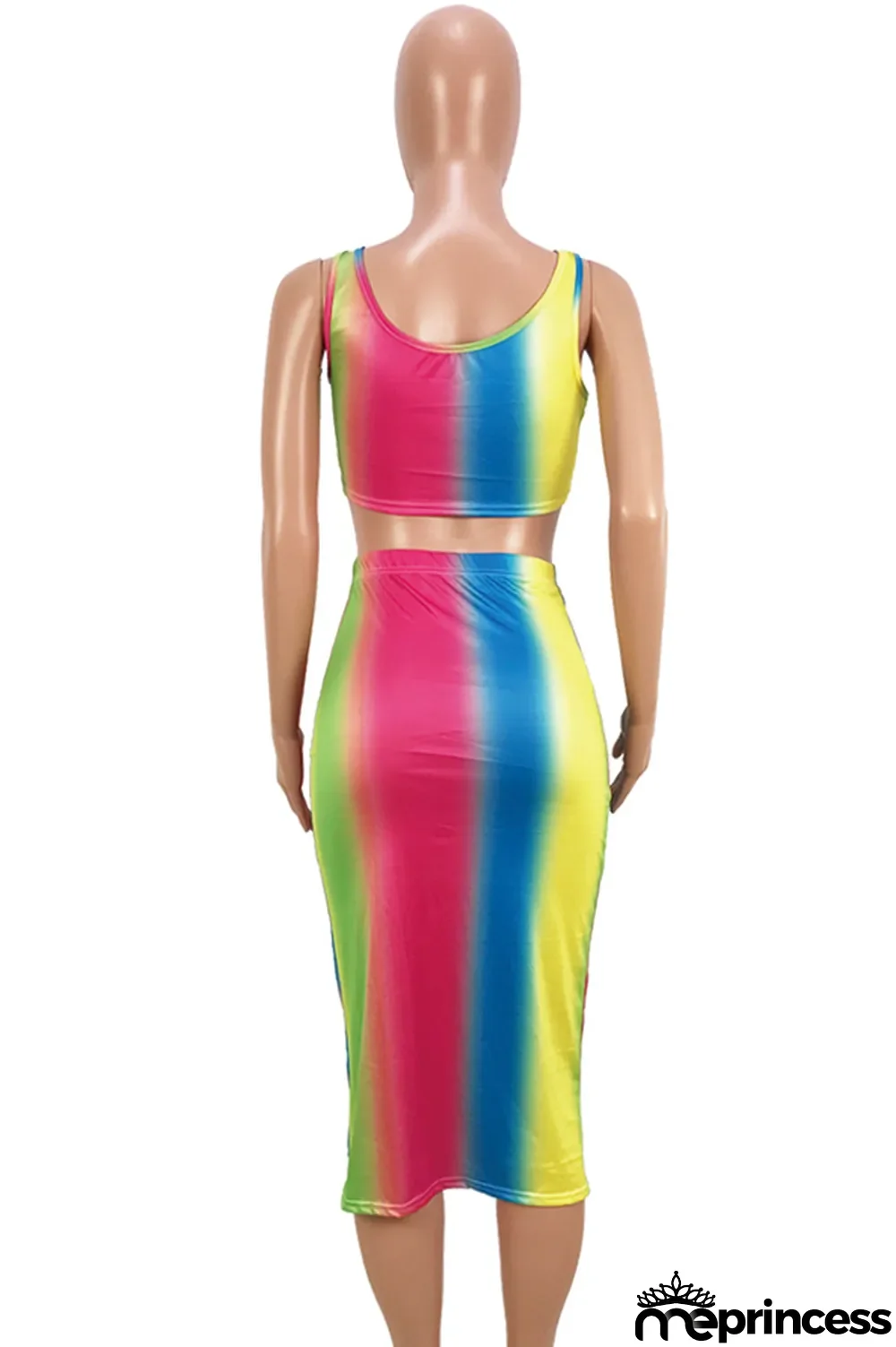 Ombre Sexy Fashion Tank Sleeveless O neck Step Skirt Mid-Calf hollow out Print Fluorescent hole backless