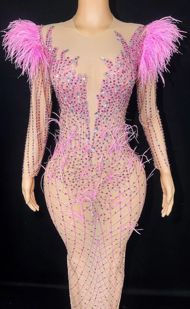 Dreamy Feather Mesh Rhinestone Long Sleeve Slit Evening Dress-zachics
