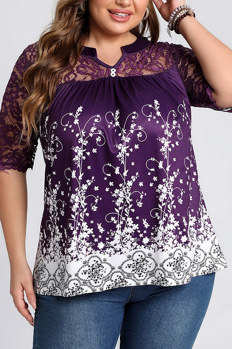 Plus Size Lace Stitching Print Button Detail Short Sleeve Blouses  Flycurvy [product_label]