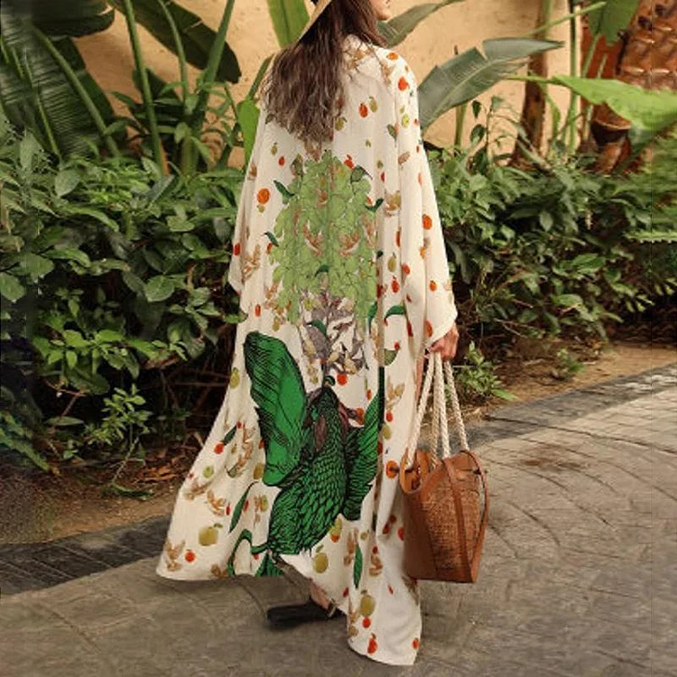 Women's Bird and Tree Print Casual Long Sleeve Abaya