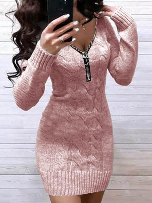 Casual Solid Sweater V-Neckline Bodycon Dress