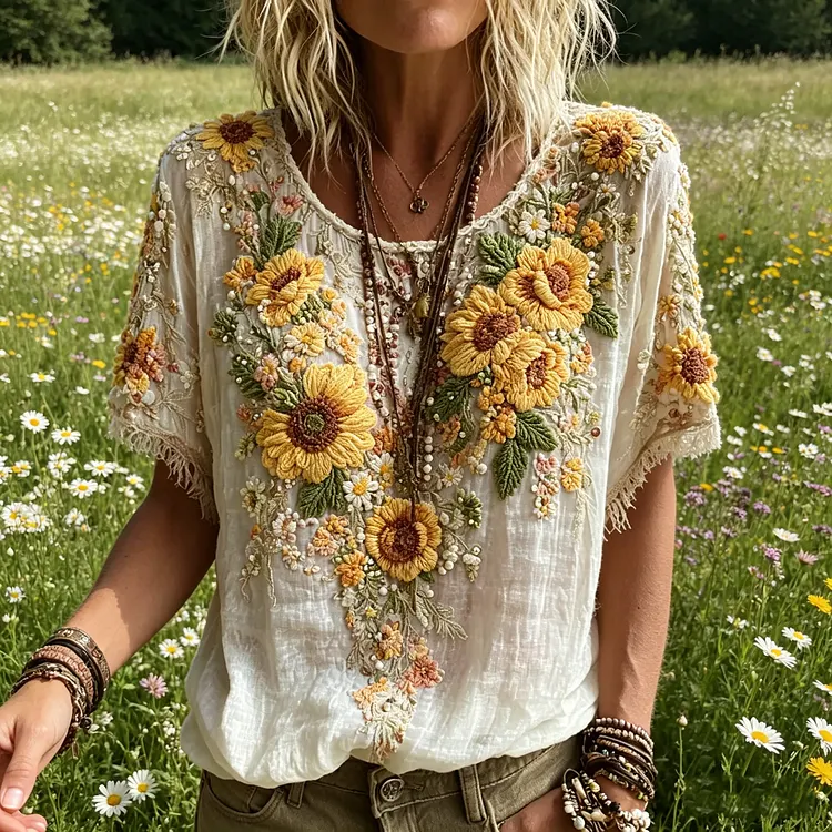 🌻 Women's Sunflower Embroidered Boho Blouse