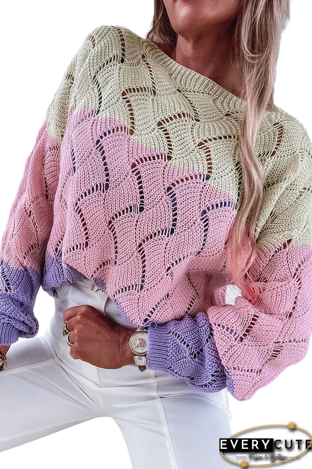 Pink Color Block Hollow Knitted Loose Sweater