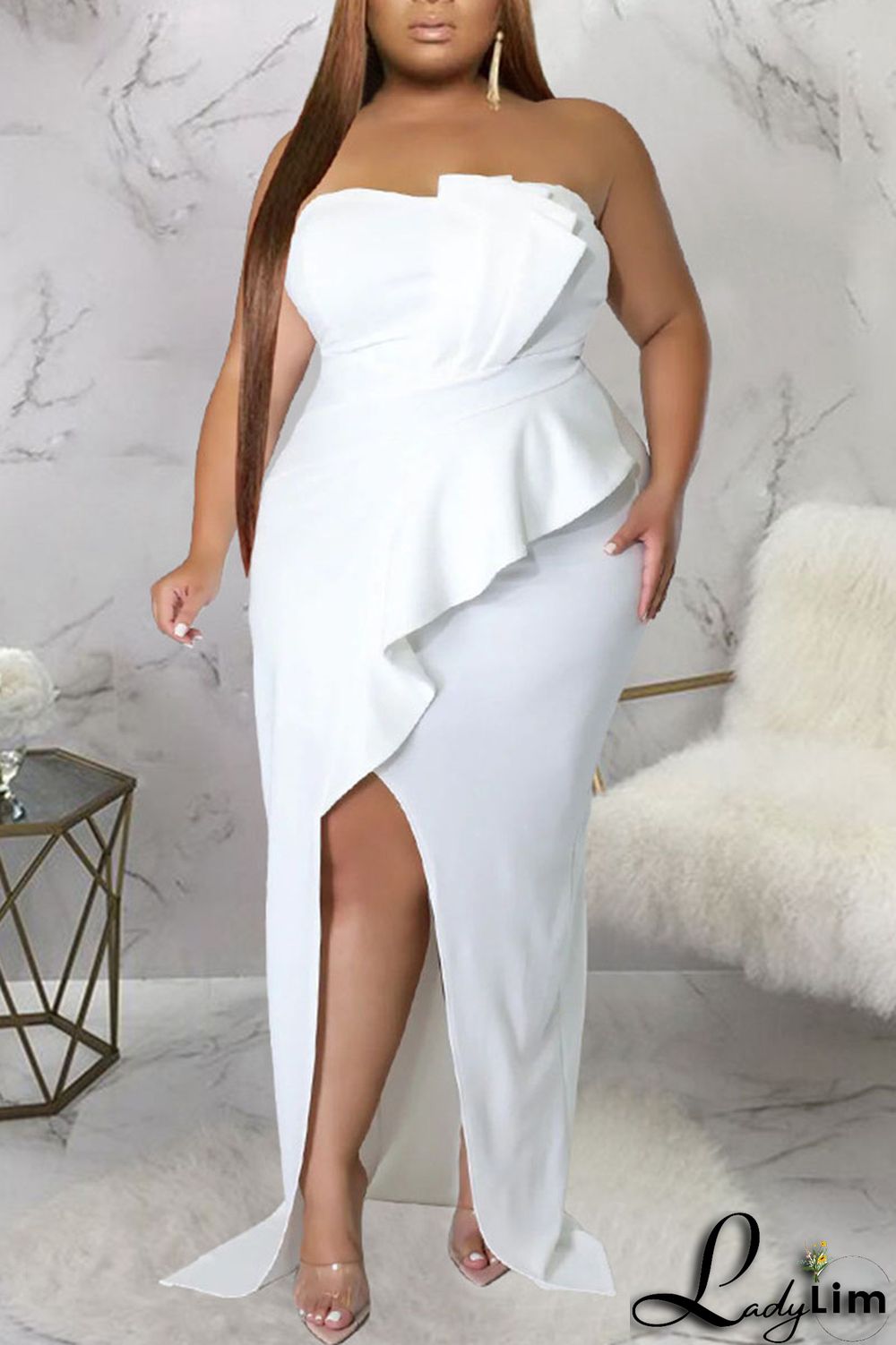 Burgundy Sexy Solid Patchwork Flounce Slit Asymmetrical Strapless Evening Dress Plus Size Dresses