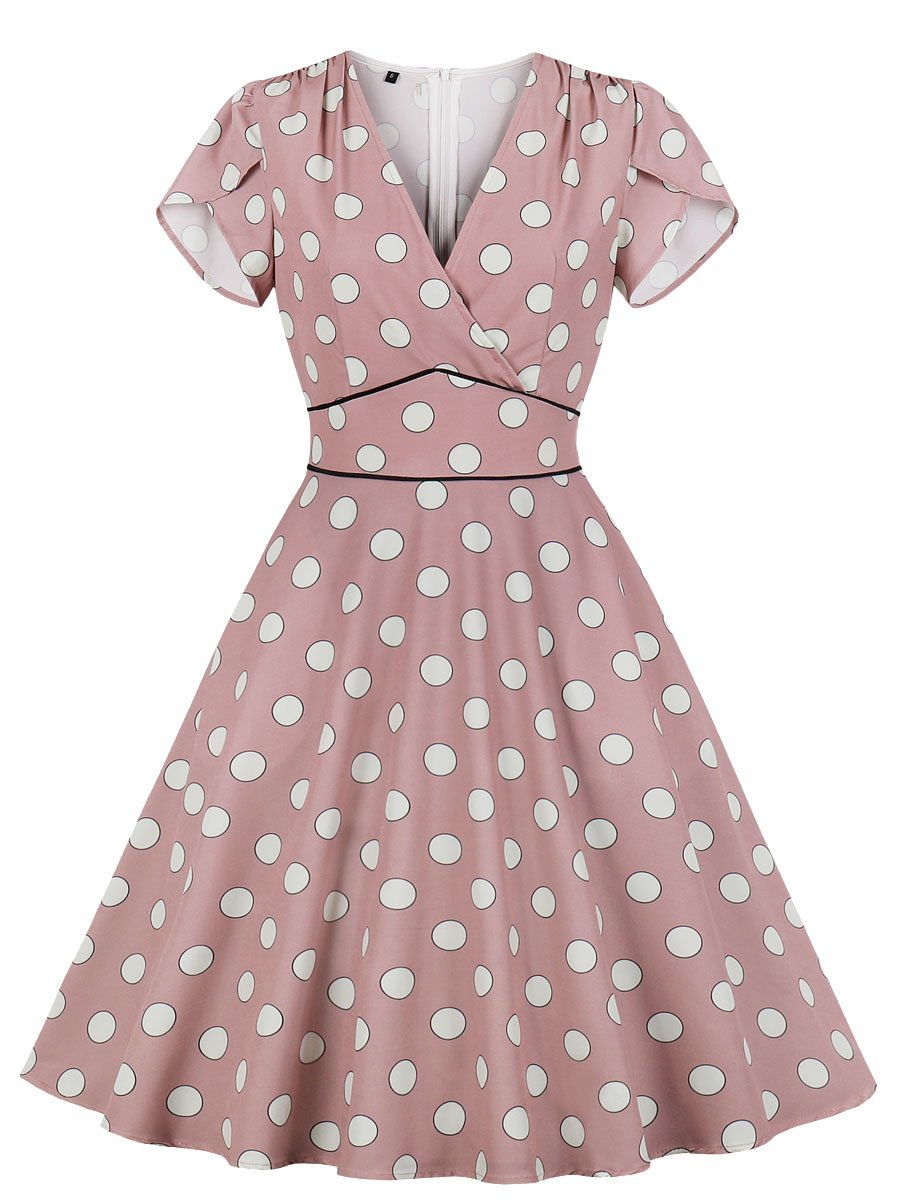 1950s Dress Polka Dot V Neck A-Line Dress