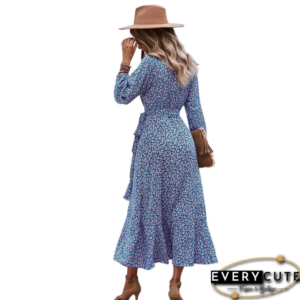 Blue Tie Waist Ruffle Swing Floral Dress