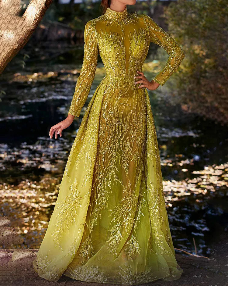 Women's Yellow Rhinestone Mesh Dress