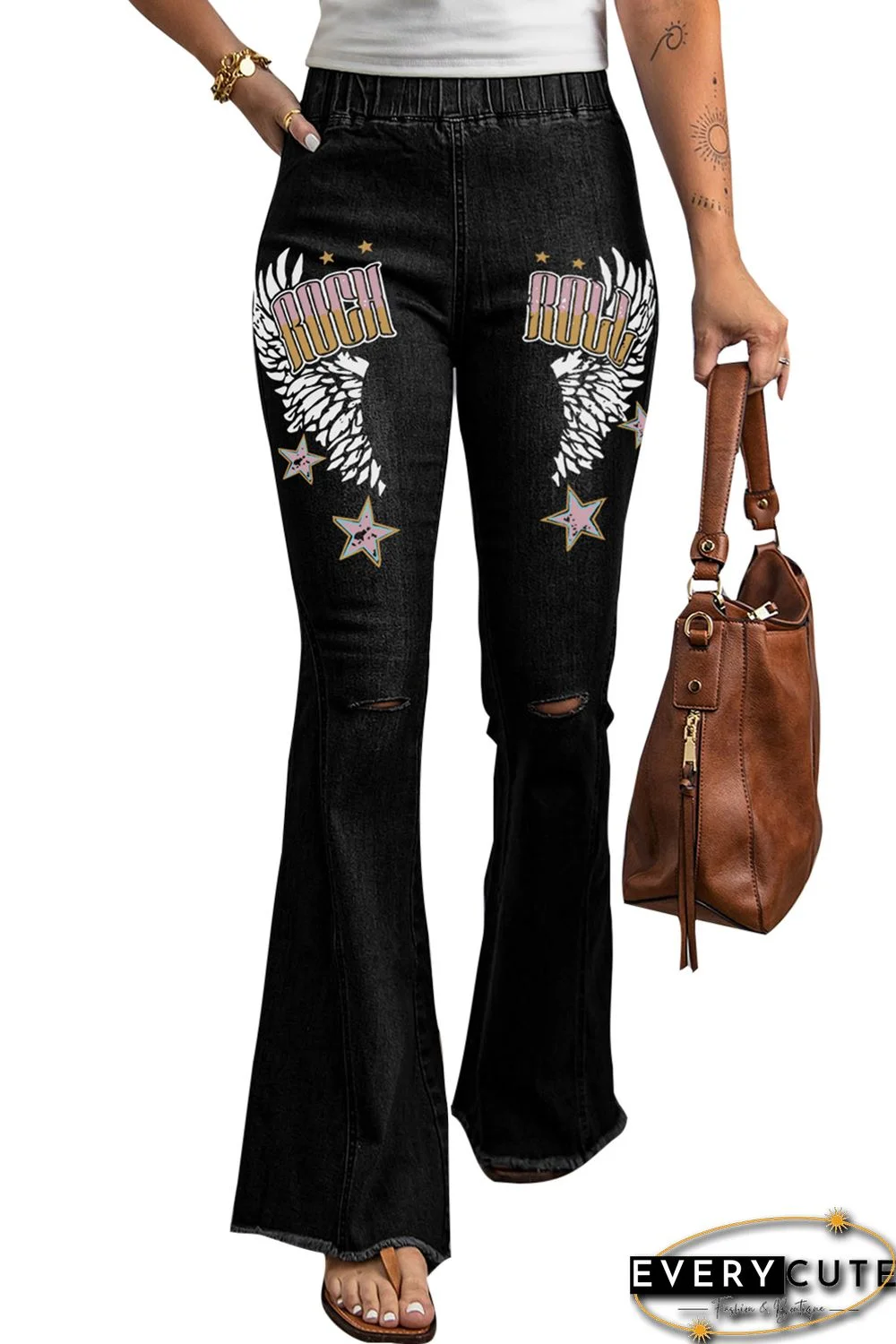 Black Rock Roll Wings Print Raw Hem Ripped Flare Jeans