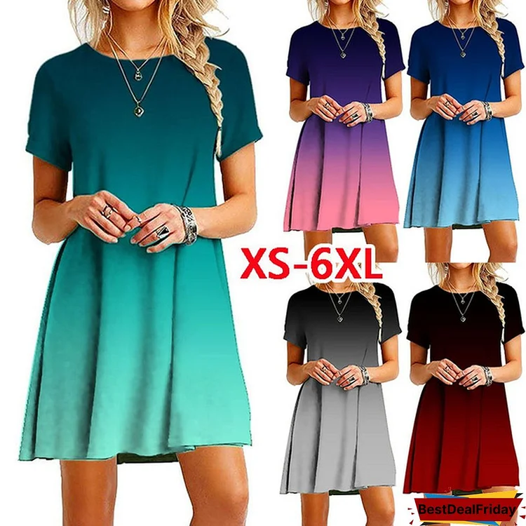Womens Fashion Summer Clothing Casual Short Sleeved Tie Dye Printed T-Shirt Dress Crew Neck Loose Mini Dresses Ladies Beah Party Knee Length Skirt Plus Size Cotton Dress