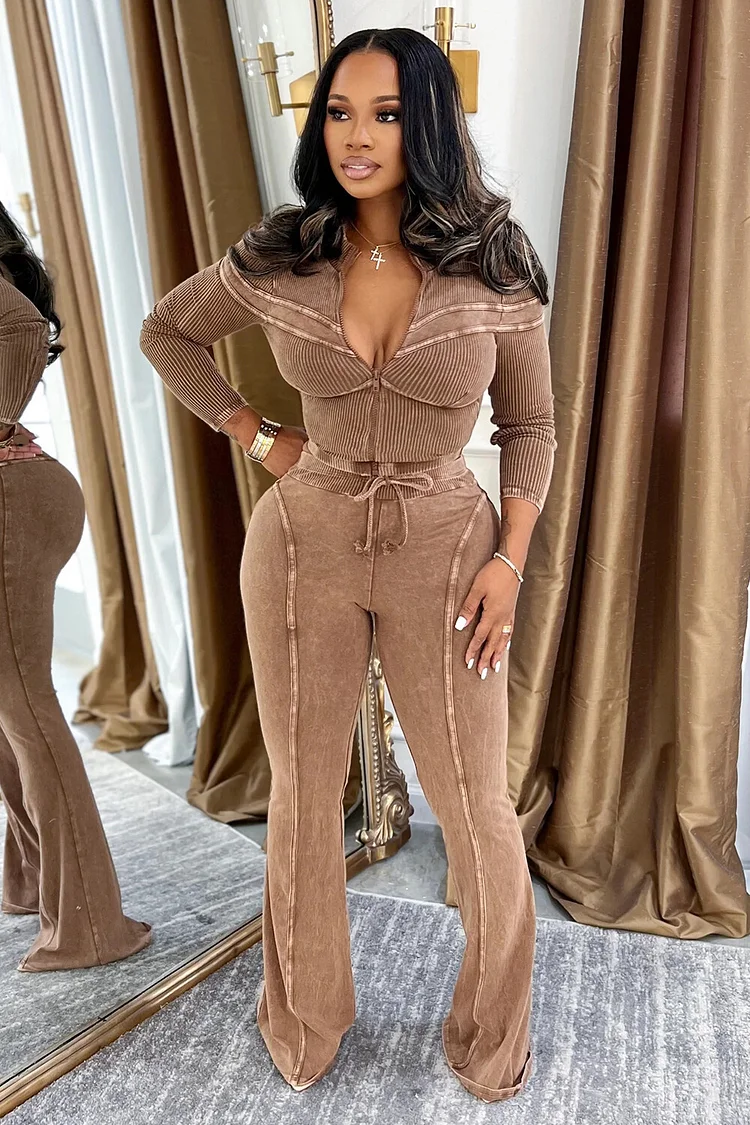 Long Sleeve Zipper Top Tie Up Bootcut Pants 2pcs Set-Coffee