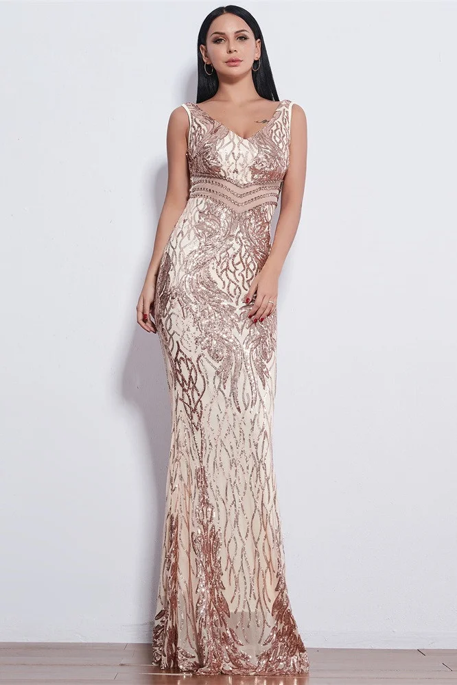 Glamorous V-Neck Sequins Mermaid Prom Dress Long Online - lulusllly