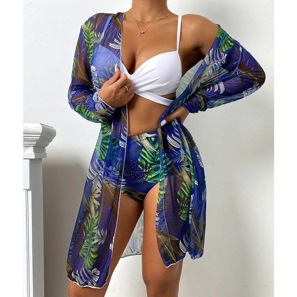 2022 Sexy Bikinis And Cover Set Women Swimsuit Printed Swimwear High Waist Summer Strappy Bathing Suit Beach Wear Biquini Female