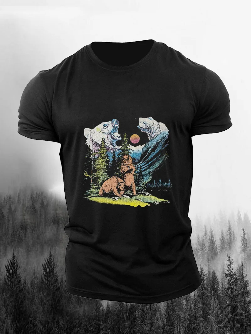 Tiger Cloud With Bear Under The Mountain Print Short Sleeve Men's T-Shirt in  mildstyles