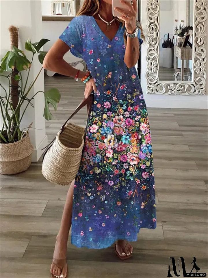 MidiSono - Vintage Leisure V Neck Short Sleeve Floral Print Midi Dress