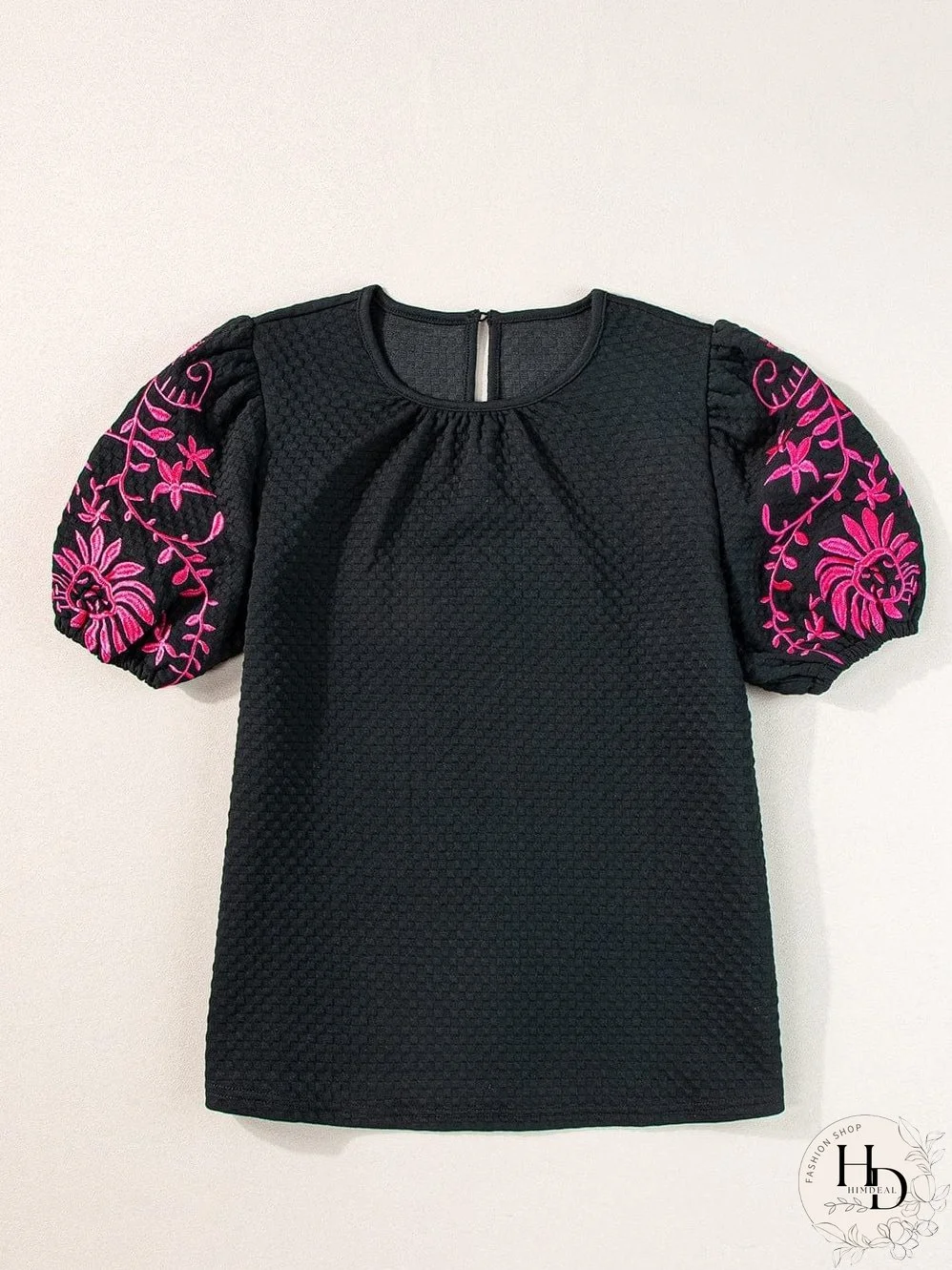 Summer Black Embroidered Puff Sleeve Top