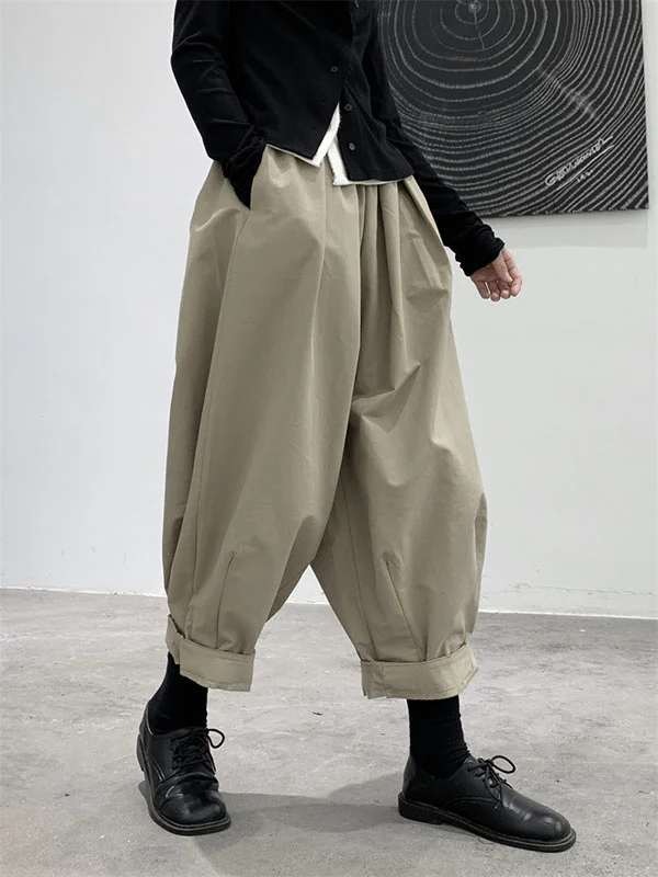 Harem Pants Loose Elasticity High-Waisted Pleated Solid Color Split-Joint Pants Trousers